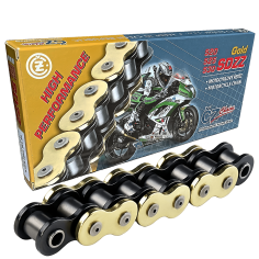 CADENA CZ CHAINS 525-124 DORADA, CON X-RING Y REFORZADA "HIGH PERFORMANCE"