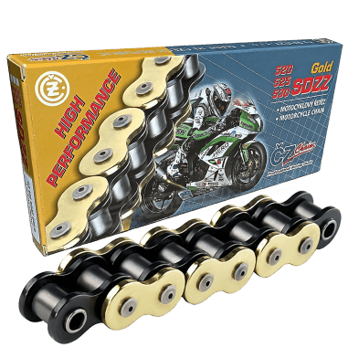 CADENA CZ CHAINS 525-124 DORADA, CON X-RING Y REFORZADA "HIGH PERFORMANCE"