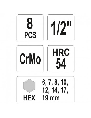 JUEGO DE DADOS DE IMPACTO HEXAGONALES 1/2" MACHOS LARGOS 8 PIEZAS - YATO