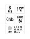 JUEGO DE DADOS DE IMPACTO HEXAGONALES 1/2" MACHOS LARGOS 8 PIEZAS - YATO