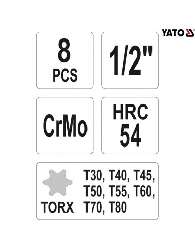 JUEGO DE DADOS DE IMPACTO TORX 1/2" MACHOS LARGOS 8 PIEZAS - YATO